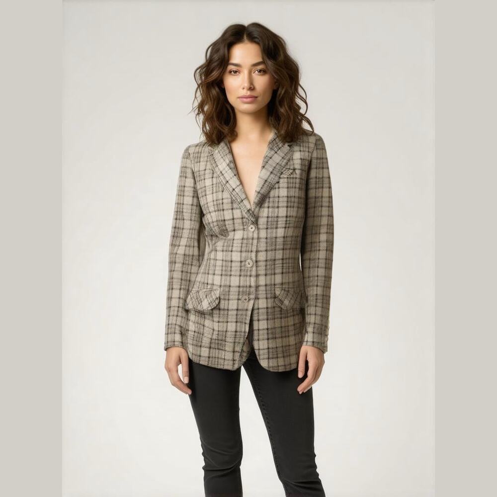 Pendleton Vintage 80s Black Gray Plaid Virgin Wool Classic Retro Jkt Blazer 12